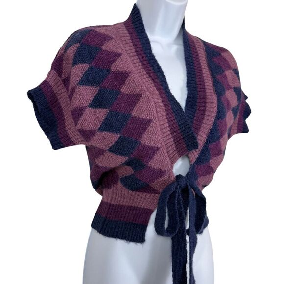 Bennetton Sweater Womens Large Purple Violet Cardigan Argyle Mohair Academia - Picture 3 of 8